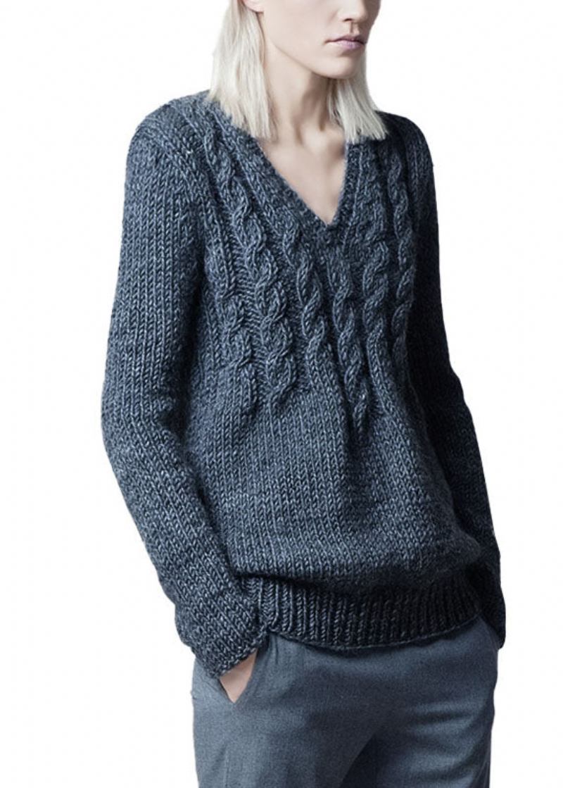 Moderne Graue Pullover Aus Grobem Wollstrick Mit V-ausschnitt Und Zopfmuster Winter - Damen-Wollmäntel