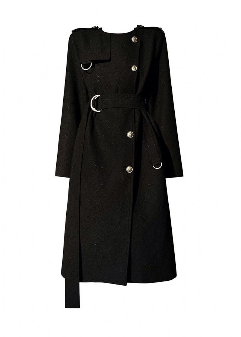 Moderner Schwarzer Trenchcoat Aus Wolle Mit Rundhalsausschnitt Und Schärpen Originelles Design Lange Ärmel - Damen-Wollmäntel