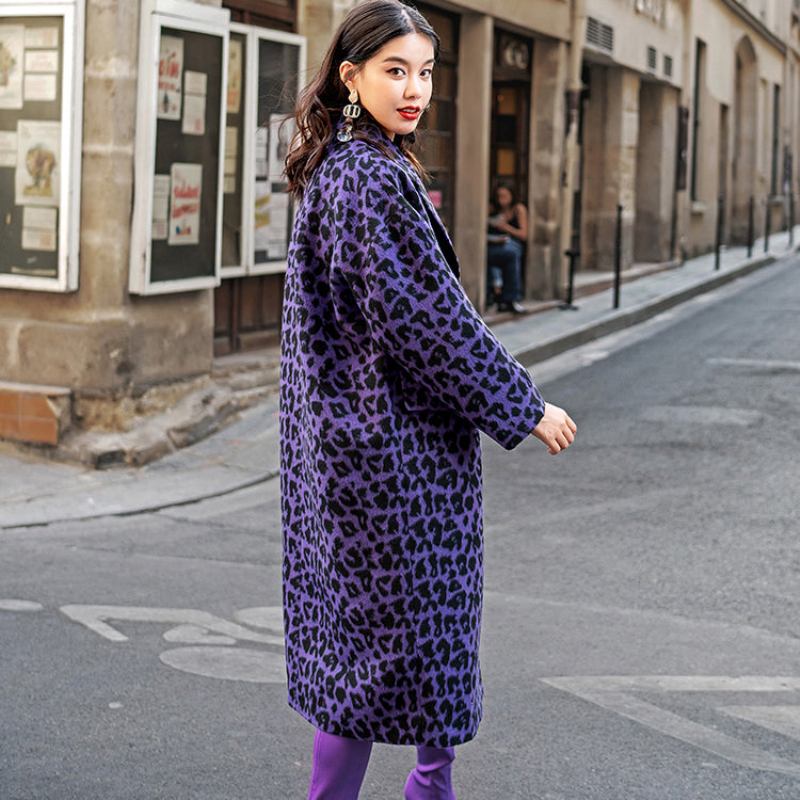 Modische Lila Leopardenmäntel In Übergröße Gekerbte Oberbekleidung Elegante Wolljacken Mit Taschen - Damen-Wollmäntel