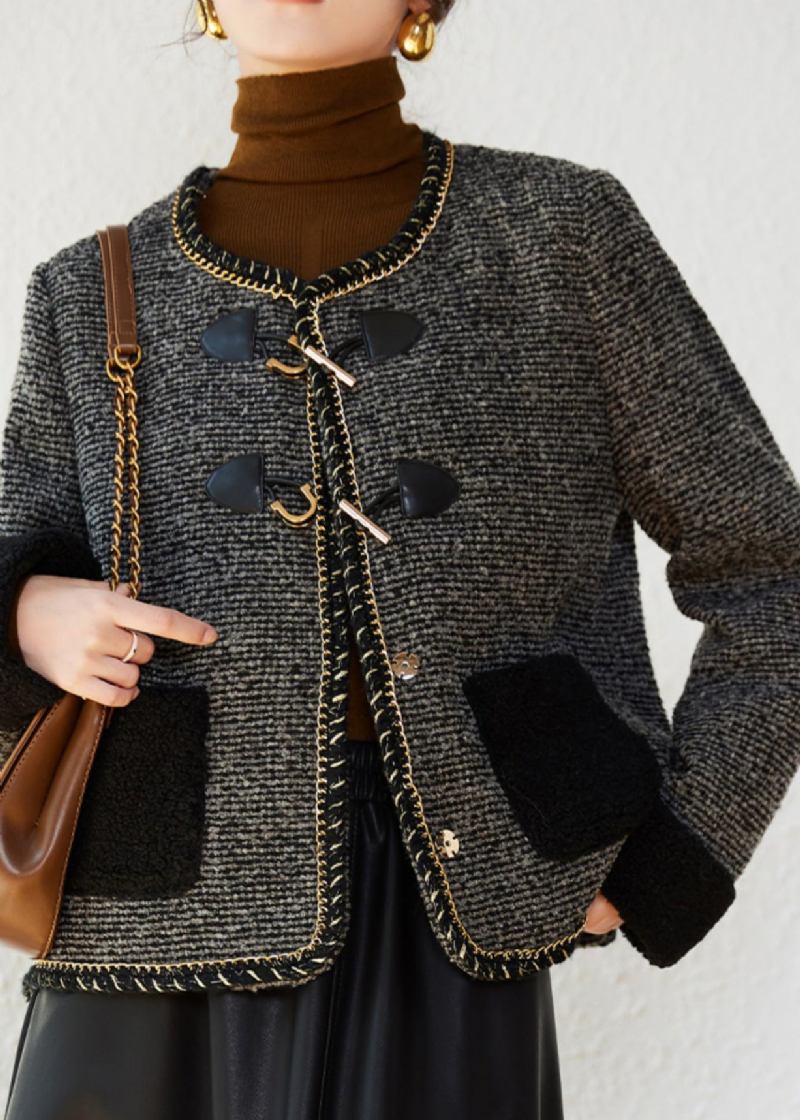 Modische Wolljacke Mit Entendaunenfüllung In Kaffeefarben Mit Taschen Und Knopf Für Den Winter - Damen-Wollmäntel