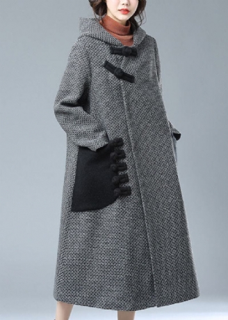 Modischer Grauer Patchwork-woll-trenchcoat Mit Kapuze Und Taschen Für Den Winter