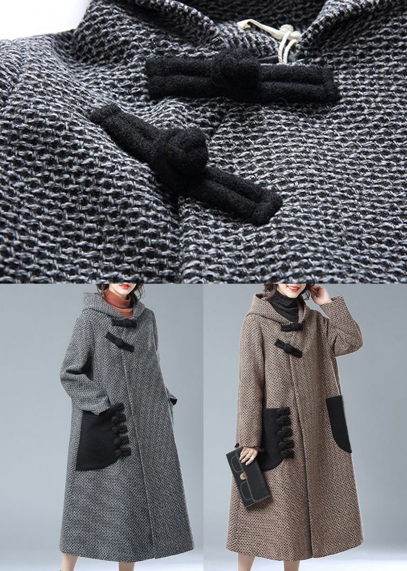 Modischer Grauer Patchwork-woll-trenchcoat Mit Kapuze Und Taschen Für Den Winter - Grau