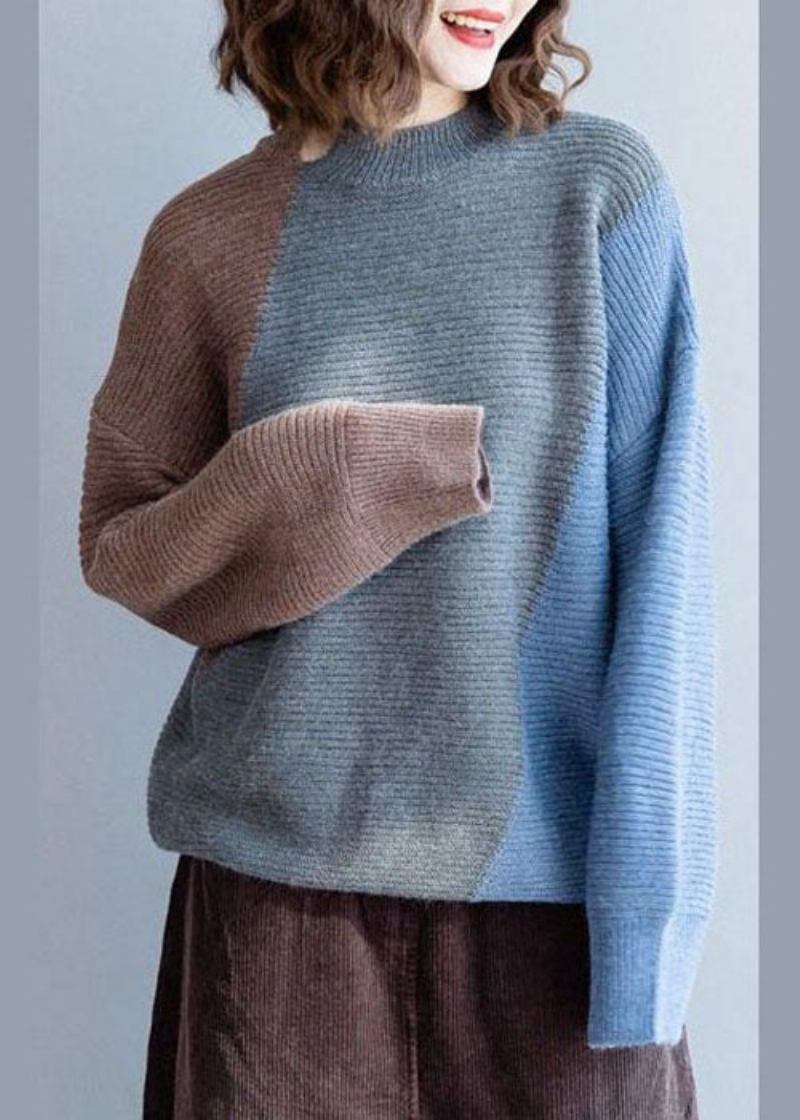 Modischer Grauer Patchwork-wollstrickpullover Winter - Damen-Wollmäntel