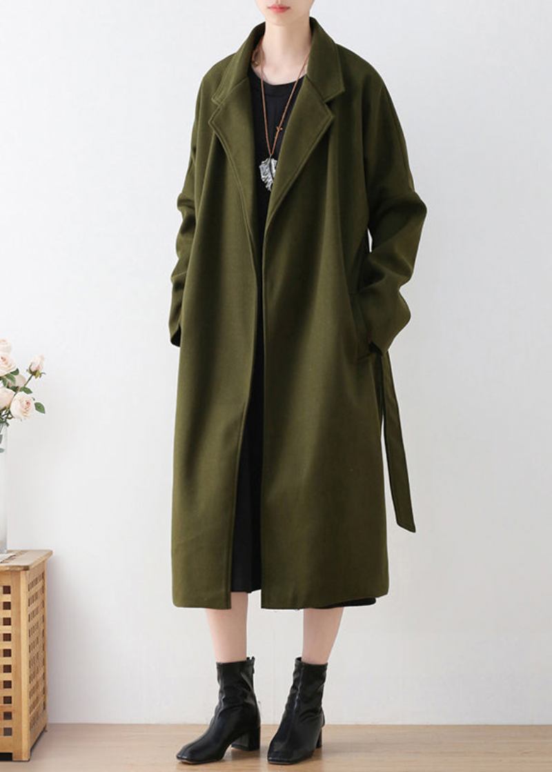 Modischer Woll-trenchcoat In Armeegrün Mit Gekerbter Taille Und Bindegürtel Winter - Damen-Wollmäntel