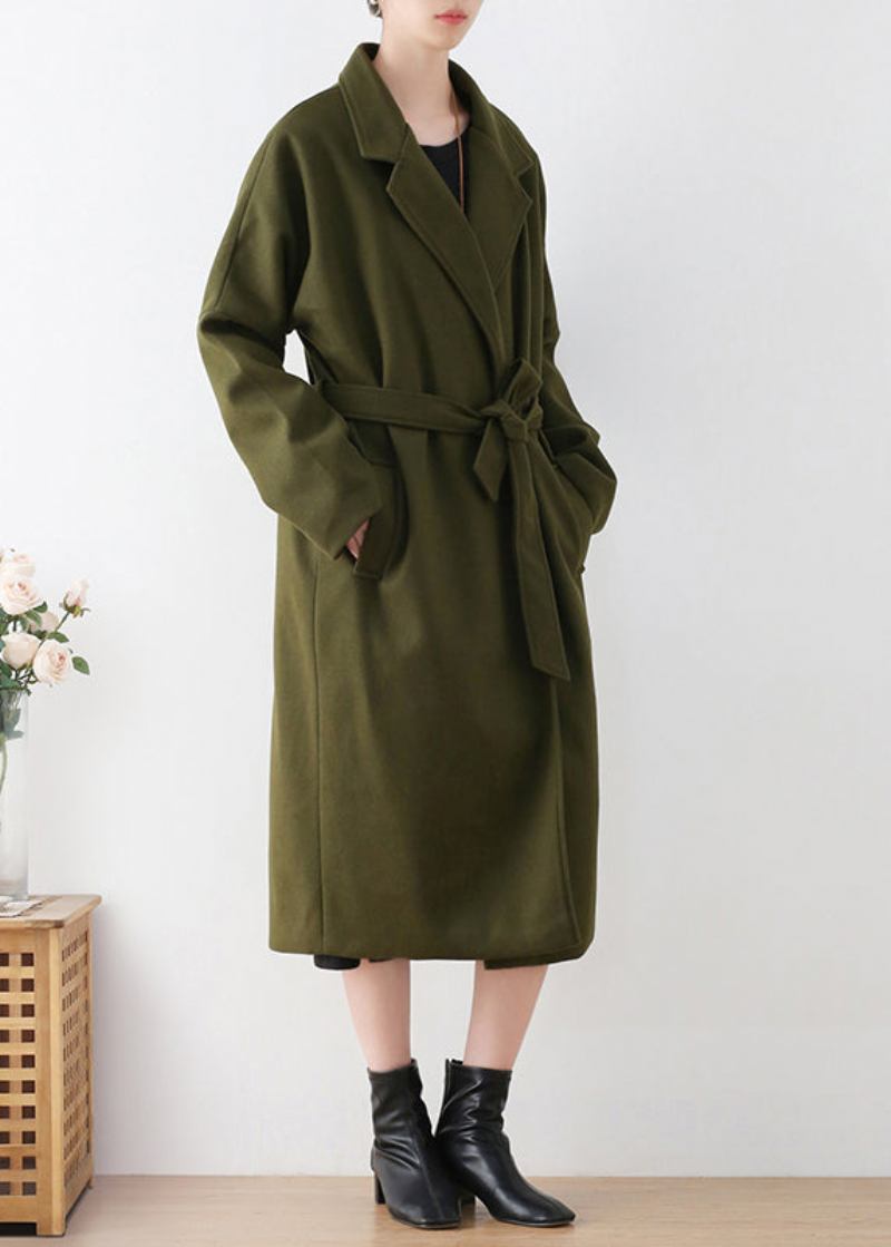 Modischer Woll-trenchcoat In Armeegrün Mit Gekerbter Taille Und Bindegürtel Winter - Damen-Wollmäntel