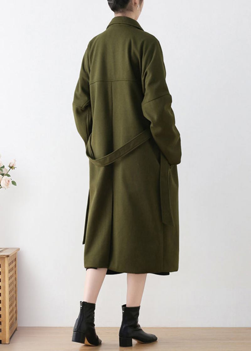 Modischer Woll-trenchcoat In Armeegrün Mit Gekerbter Taille Und Bindegürtel Winter - Damen-Wollmäntel