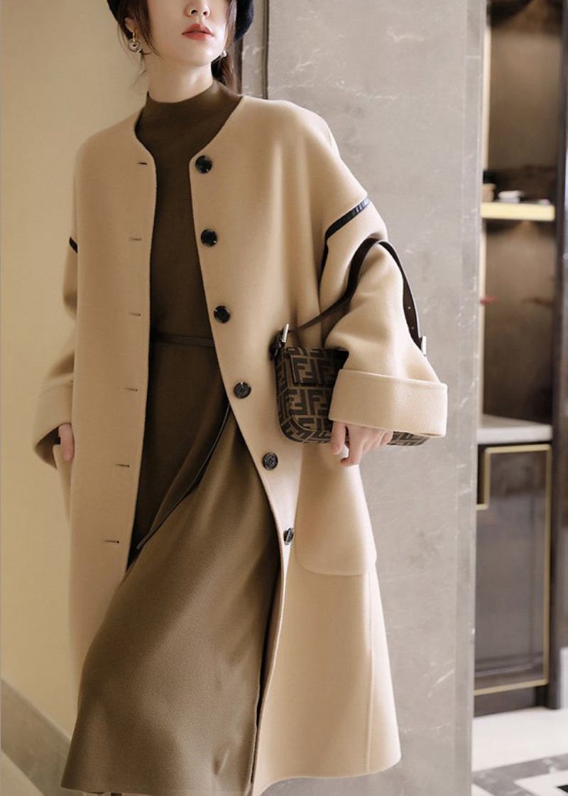 Modischer Woll-trenchcoat Mit Rundhalsausschnitt Taschen Und Patchwork-knopf Mit Langen Ärmeln