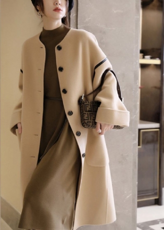 Modischer Woll-trenchcoat Mit Rundhalsausschnitt Taschen Und Patchwork-knopf Mit Langen Ärmeln