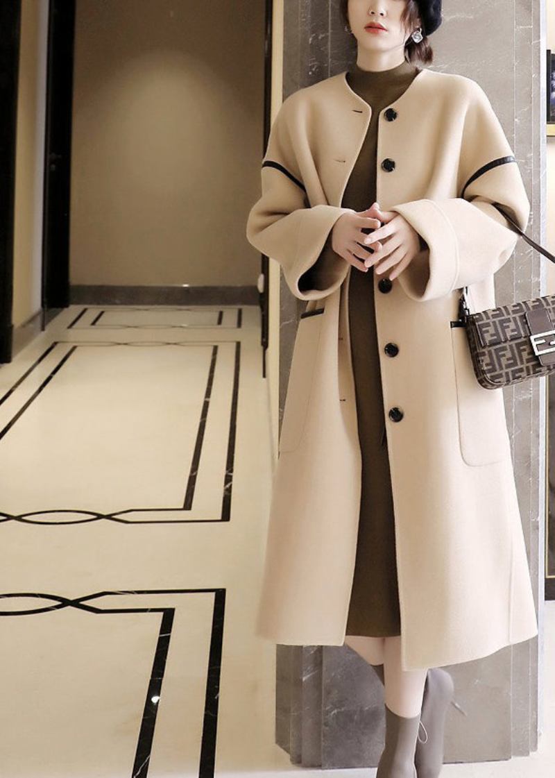 Modischer Woll-trenchcoat Mit Rundhalsausschnitt Taschen Und Patchwork-knopf Mit Langen Ärmeln - Damen-Wollmäntel