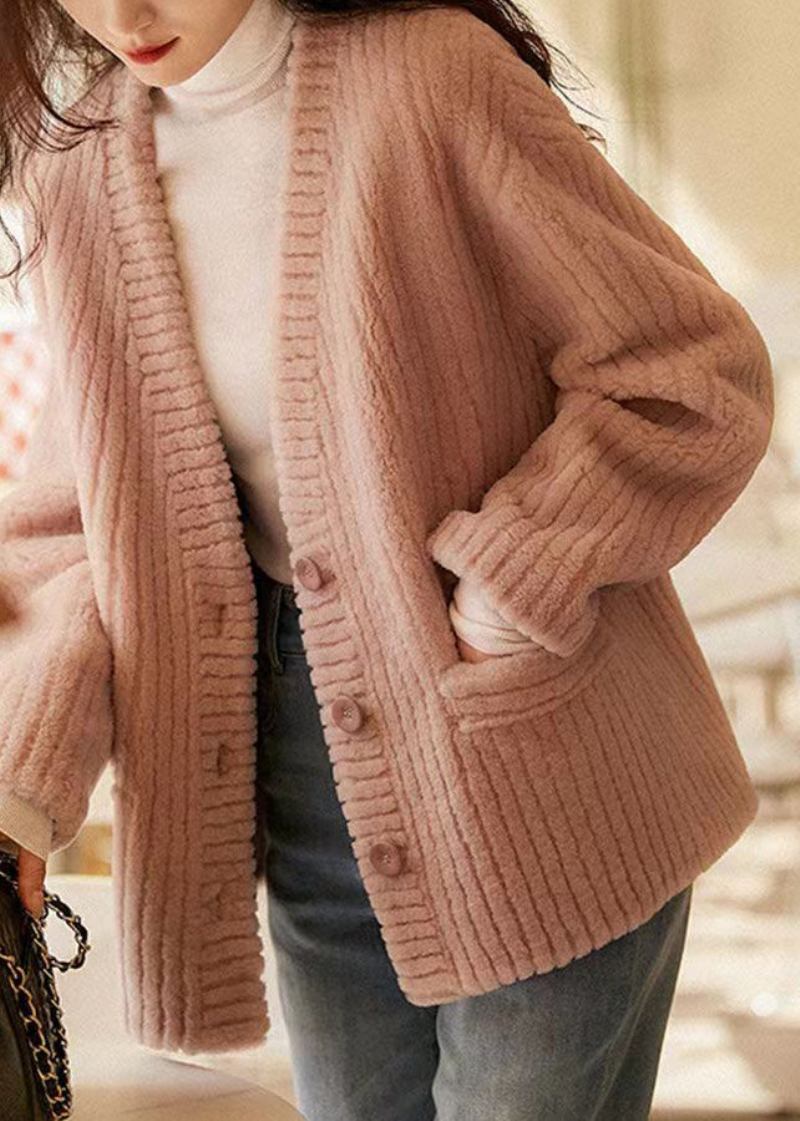 Natürlich Rosa Patchwork-wollmantel Mit V-ausschnitt Und Taschen Für Den Winter - Damen-Wollmäntel