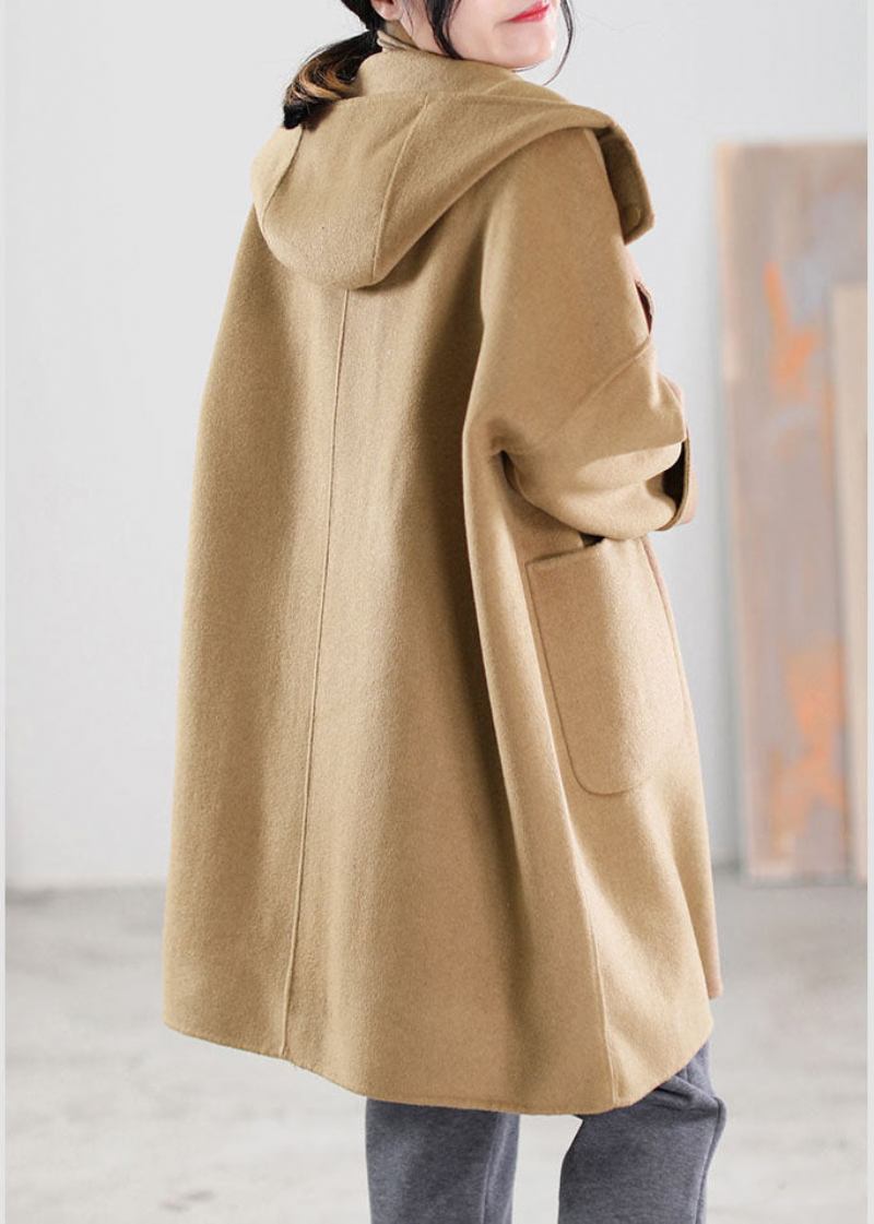 Natürlicher Khaki-wollmantel Mit Kapuze Und Taschen Für Den Winter - Damen-Wollmäntel