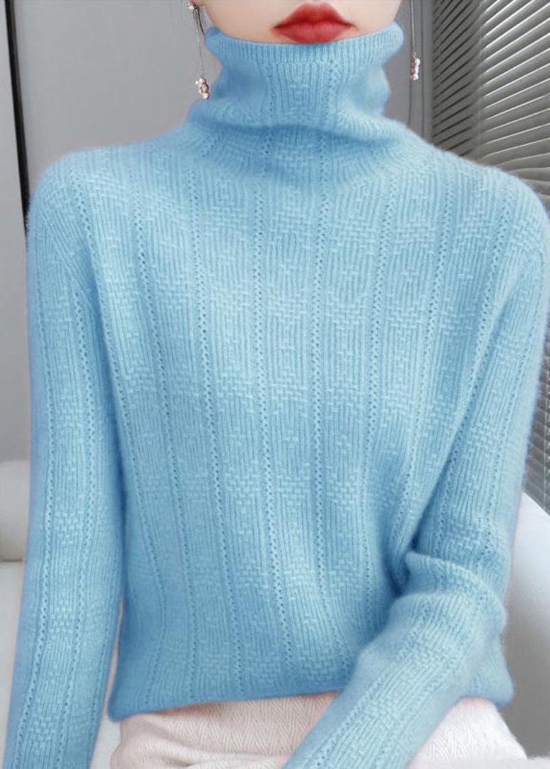 Neuartiger Seeblauer Rollkragenpullover Mit Ausgehöhlten Wollstrickpullovern Herbst