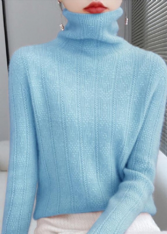 Neuartiger Seeblauer Rollkragenpullover Mit Ausgehöhlten Wollstrickpullovern Herbst