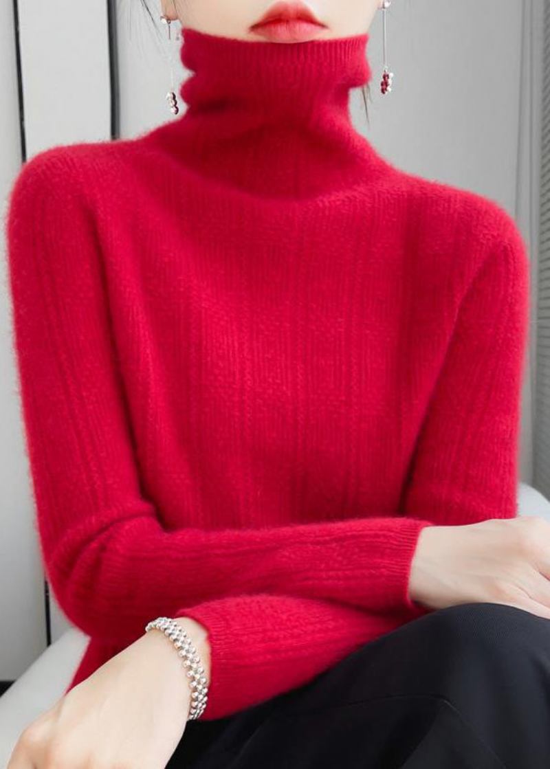 Neuartiger Seeblauer Rollkragenpullover Mit Ausgehöhlten Wollstrickpullovern Herbst - Rot