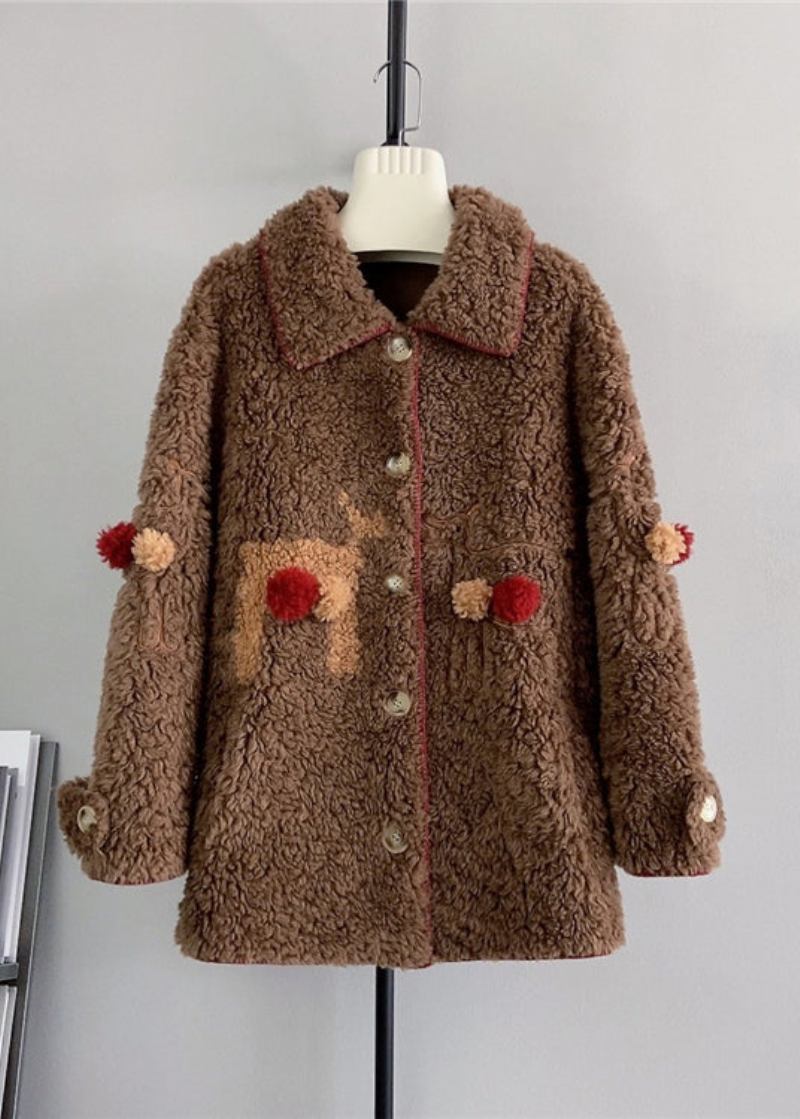 Neue Beigefarbene Verspielte Wolljacke Mit Kleinem Hirschmotiv Für Den Winter - Damen-Wollmäntel