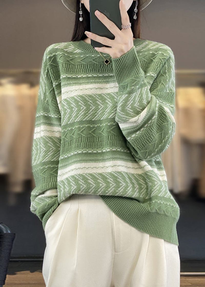 Neue Kuschelige Grüne O-ausschnitt-patchwork-wollpullover Für Den Herbst