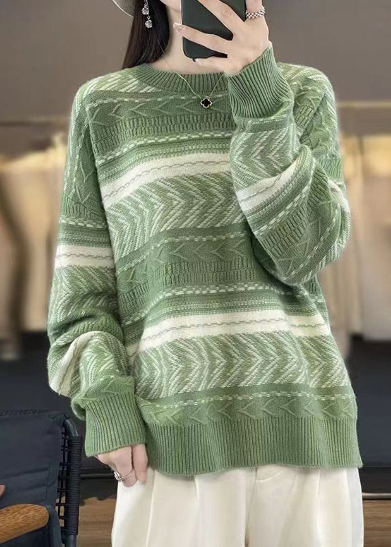 Neue Kuschelige Grüne O-ausschnitt-patchwork-wollpullover Für Den Herbst - Damen-Wollmäntel