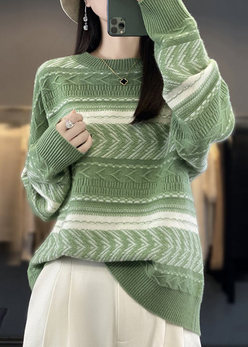 Neue Kuschelige Grüne O-ausschnitt-patchwork-wollpullover Für Den Herbst - Damen-Wollmäntel