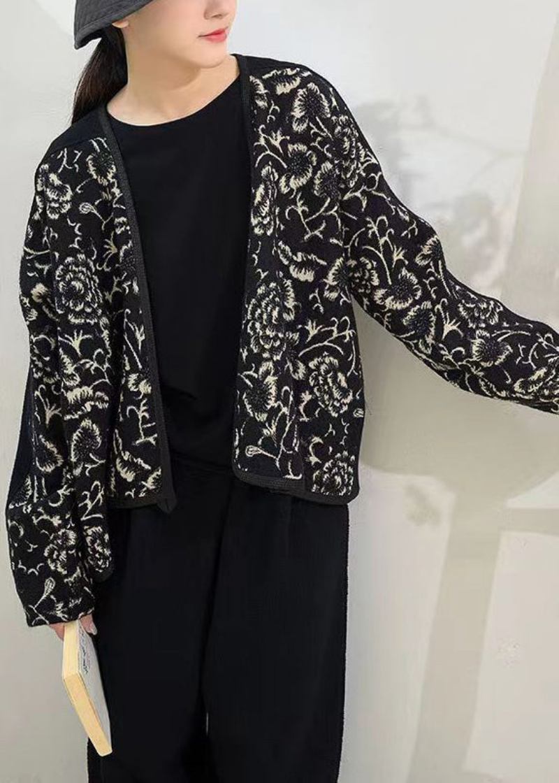 Neue Schwarze Jacquard-patchwork-wollmäntel Mit V-ausschnitt Und Roten Knöpfen Lange Ärmel - Damen-Wollmäntel