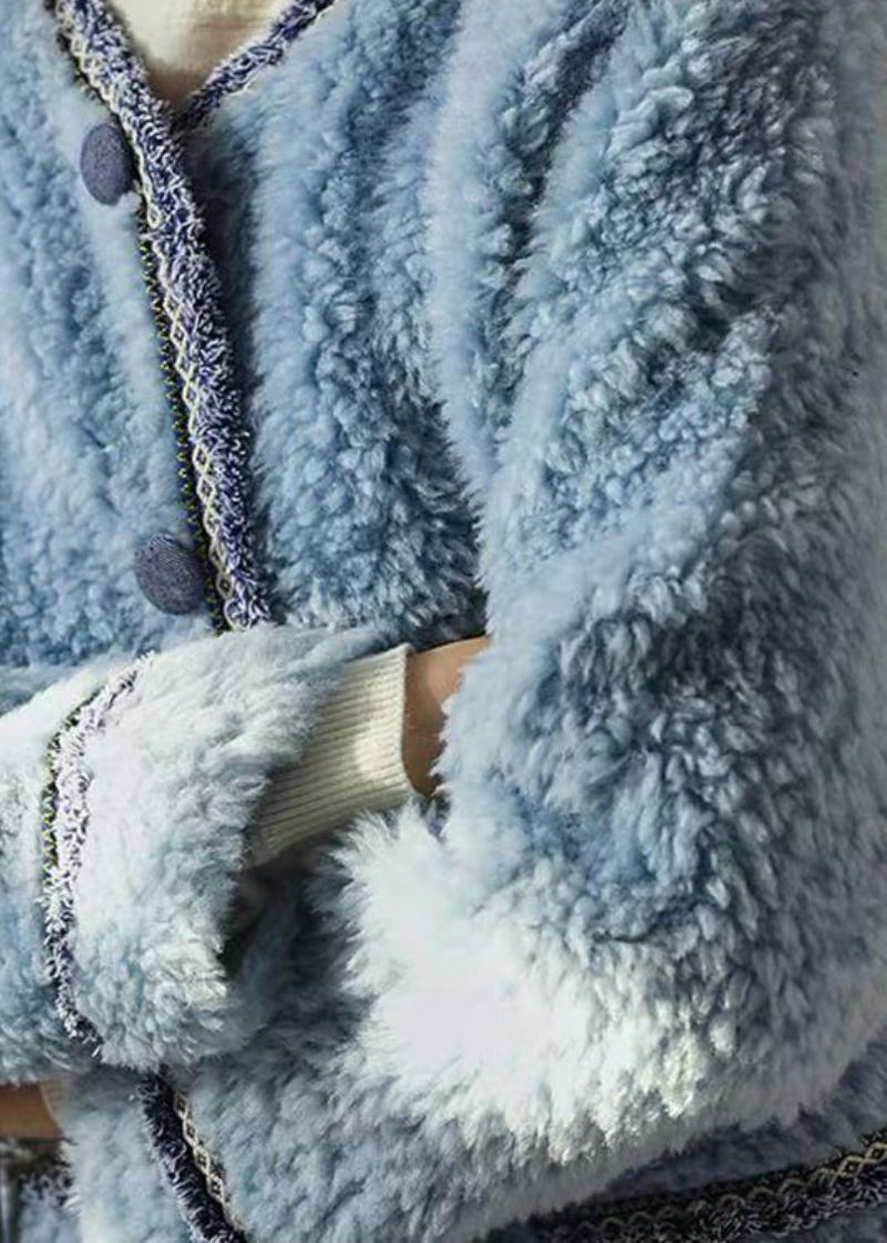 Neuer Blauer Patchwork-wollmantel Mit Rundhalsausschnitt Und Taschen Für Den Winter - Damen-Wollmäntel