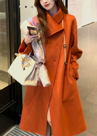 Orangefarbener Asymmetrischer Woll-trenchcoat Mit Taillenband Für Damen Im Herbst