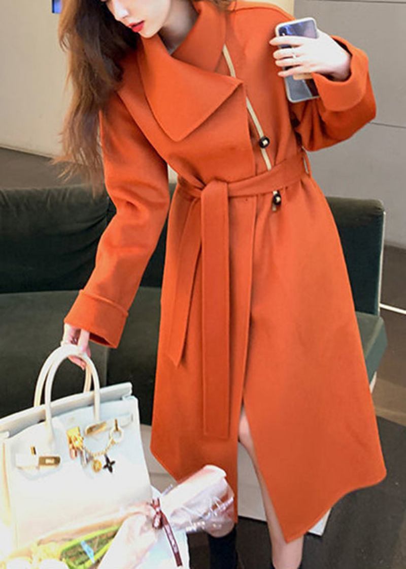 Orangefarbener Asymmetrischer Woll-trenchcoat Mit Taillenband Für Damen Im Herbst - Damen-Wollmäntel