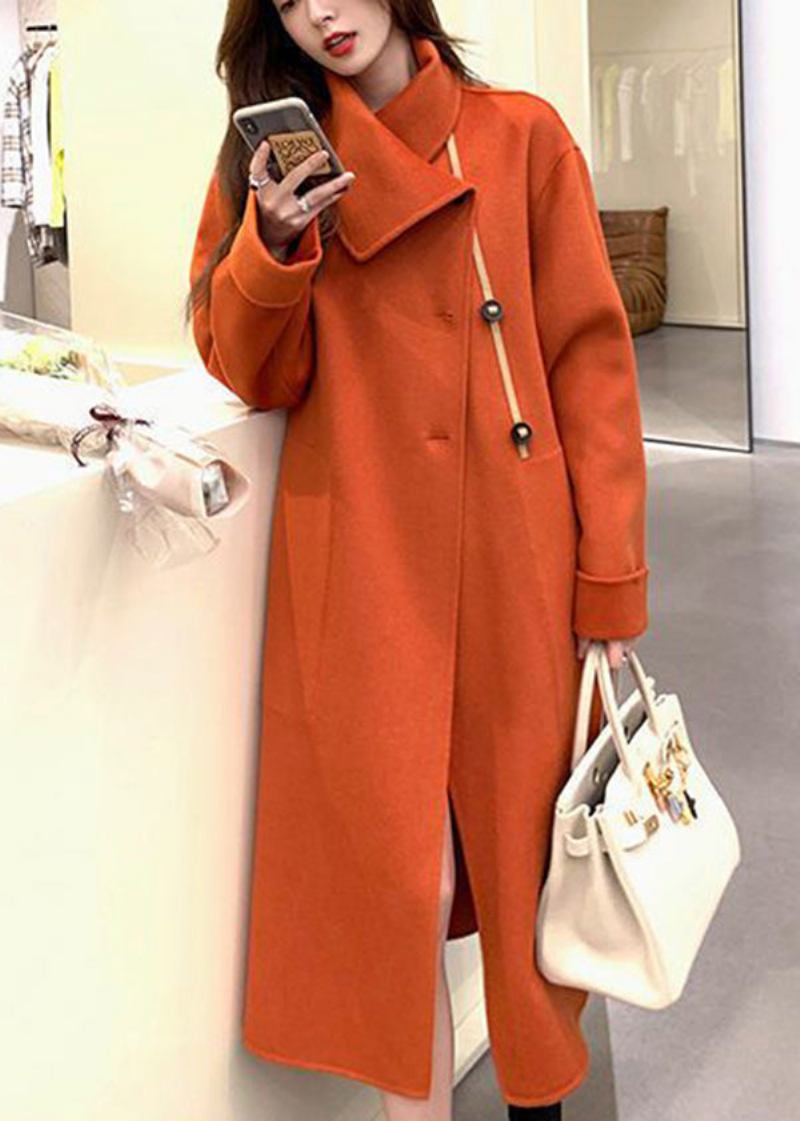 Orangefarbener Asymmetrischer Woll-trenchcoat Mit Taillenband Für Damen Im Herbst - Damen-Wollmäntel