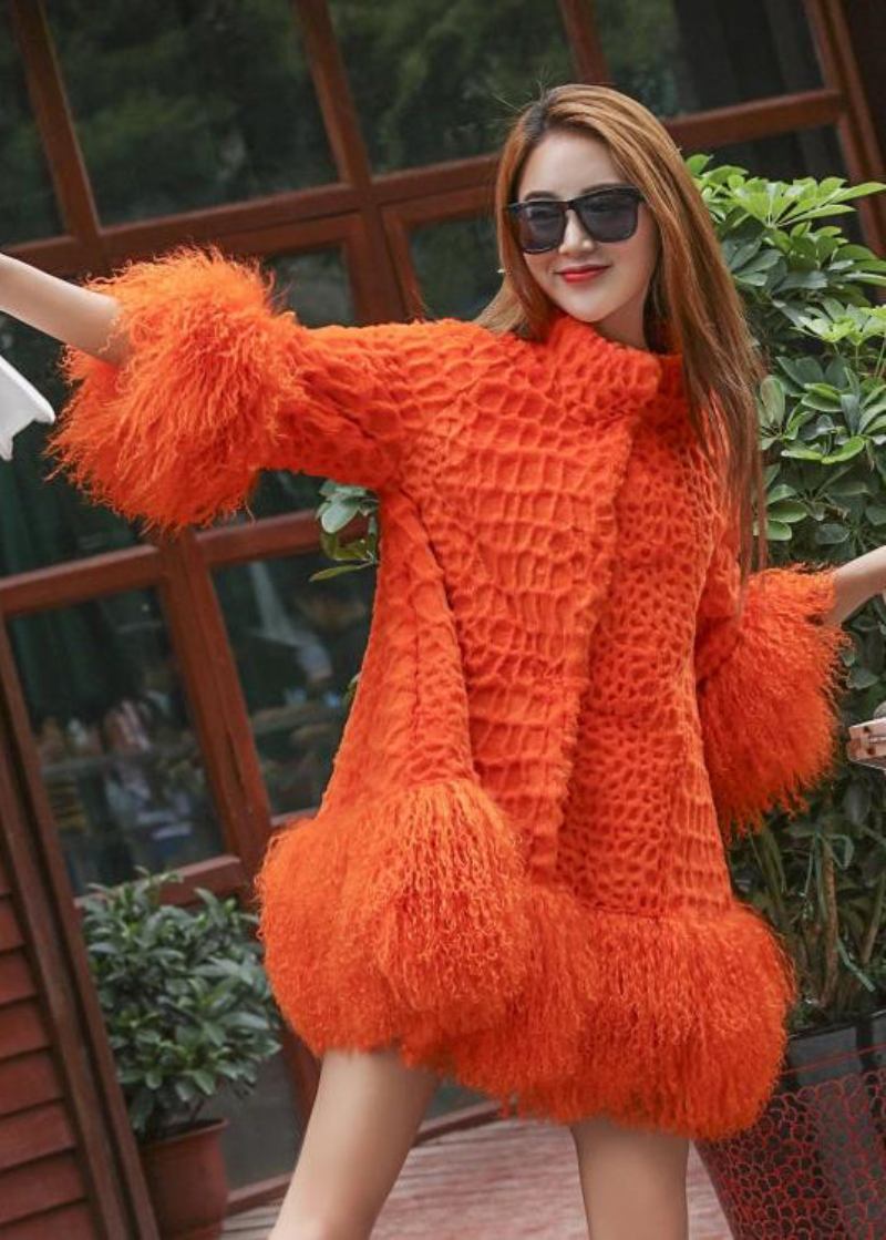 Orangefarbener Flauschiger Patchwork-wollmantel Für Damen Im Winter - Damen-Wollmäntel