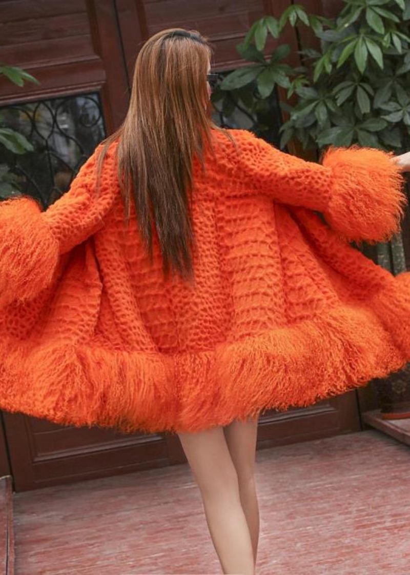 Orangefarbener Flauschiger Patchwork-wollmantel Für Damen Im Winter - Damen-Wollmäntel