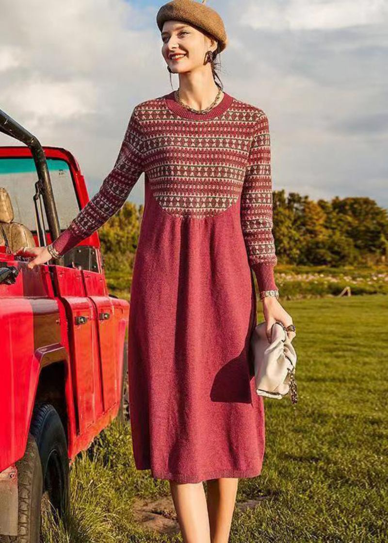 Organisches Rotes Patchwork-wollkleid Mit Rundhalsausschnitt Winter - Damen-Wollmäntel