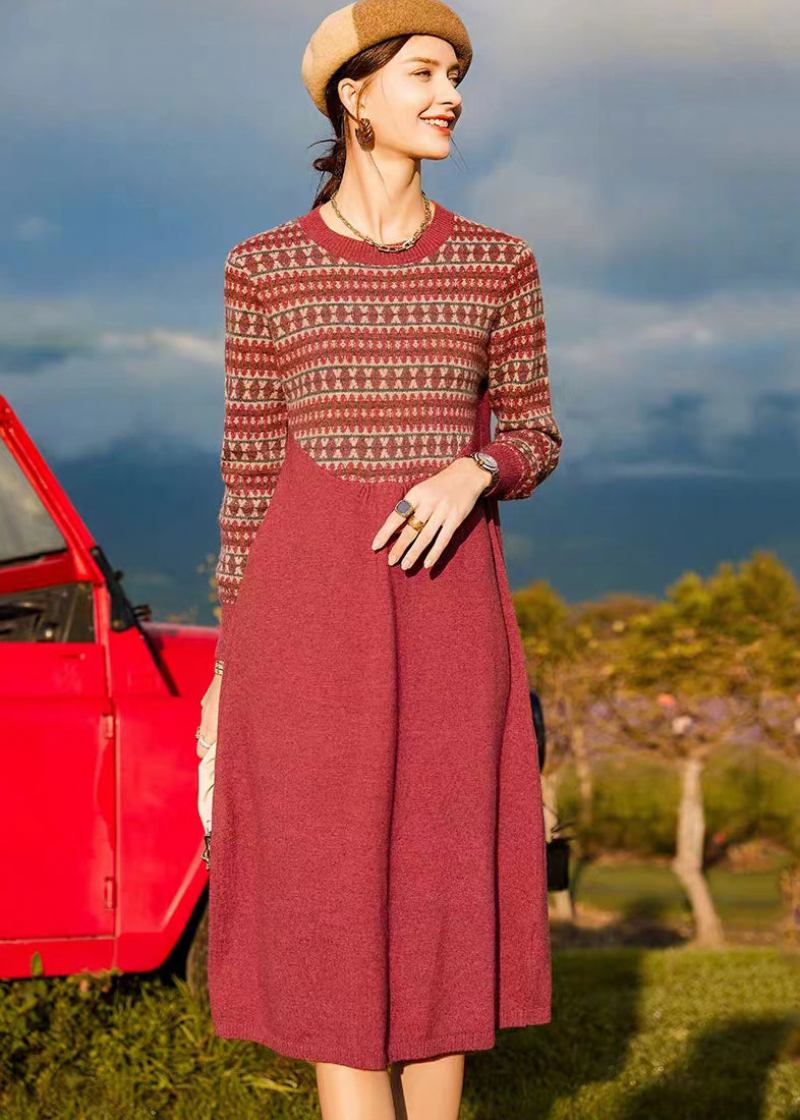 Organisches Rotes Patchwork-wollkleid Mit Rundhalsausschnitt Winter - Damen-Wollmäntel