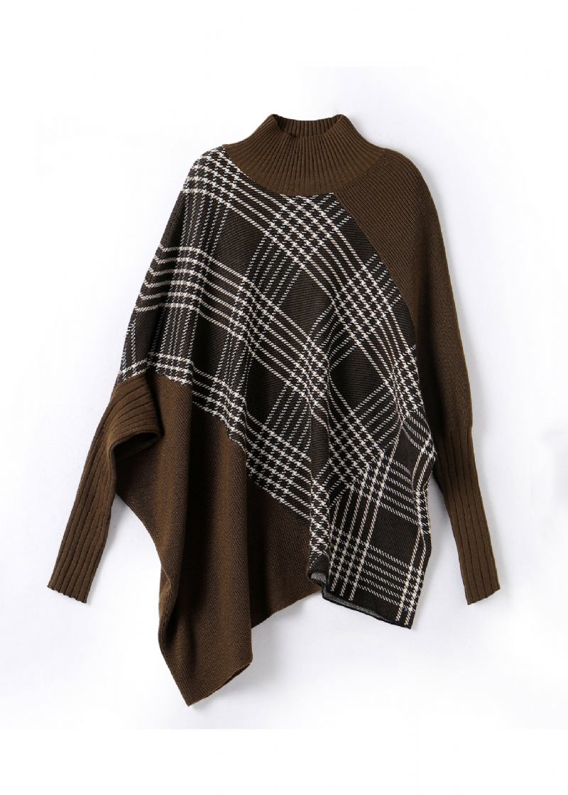 Original Übergroßer Asymmetrischer Wollpullover In Kaffeefarben Mit Patchwork-muster Für Den Winter - Damen-Wollmäntel