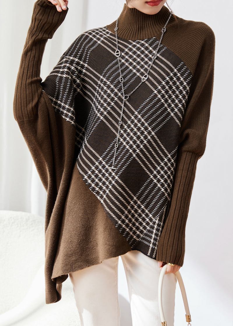 Original Übergroßer Asymmetrischer Wollpullover In Kaffeefarben Mit Patchwork-muster Für Den Winter - Damen-Wollmäntel