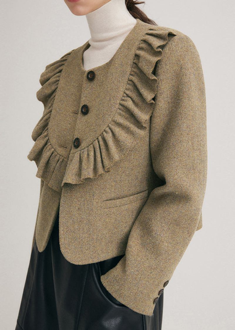 Originale Braune Wolljacke Mit Rundhalsausschnitt Und Rüschen Aus Feiner Baumwolle Für Den Winter