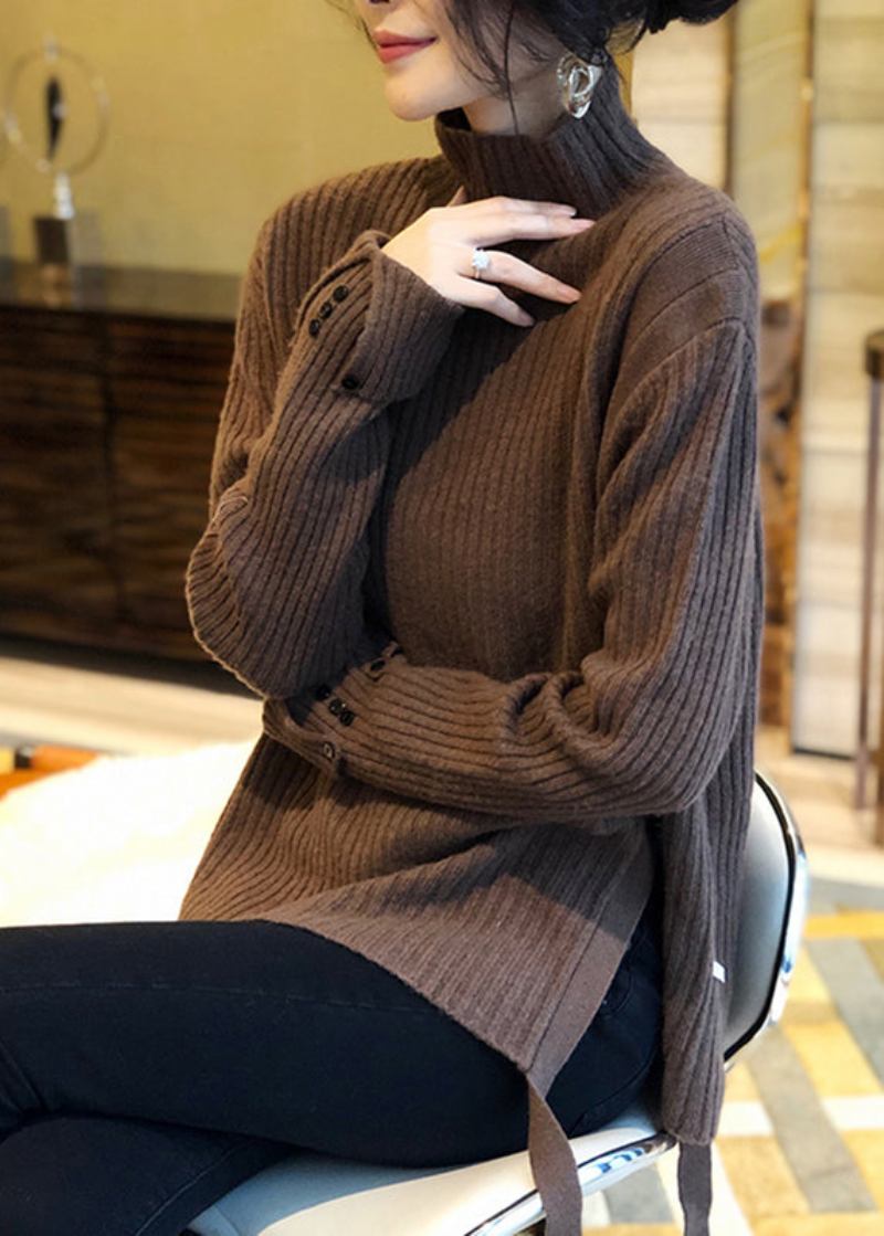 Retro-brauner Rollkragenpullover Mit Seitlicher Öffnung Für Dicken Wollstrickpullover Für Den Herbst - Damen-Wollmäntel