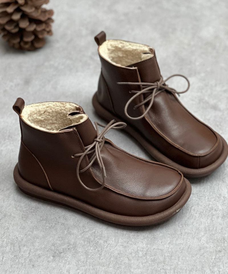 Retro-schnürstiefel Schokoladenbraune Flache Schuhe Mit Wollfutter Aus Rindsleder - Kaffee