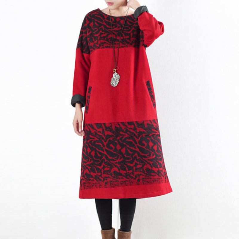 Rote Vintage-winterkleider 2024. Maxikleid Aus Wolldruck Pullover Kaftane Lange Hemden