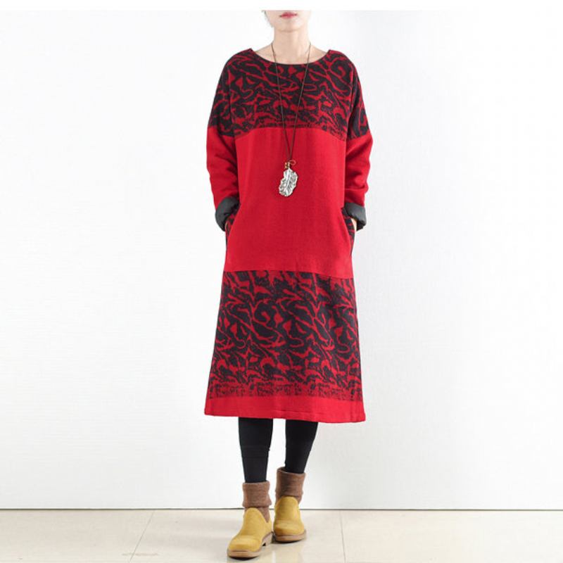 Rote Vintage-winterkleider 2024. Maxikleid Aus Wolldruck Pullover Kaftane Lange Hemden - Damen-Wollmäntel