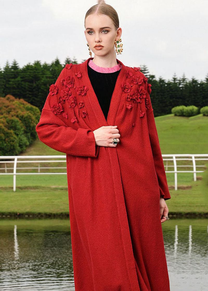 Roter Langer Woll-cardigan Mit Blumenstickerei In Übergröße Für Den Herbst