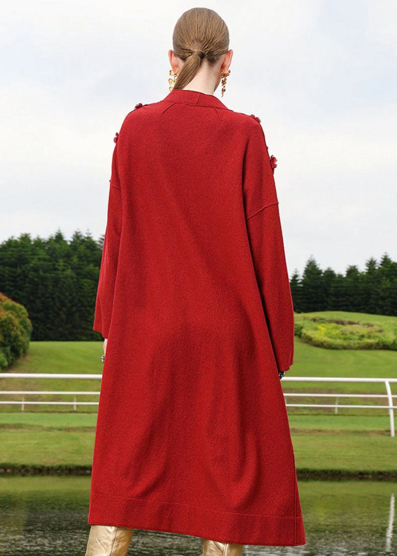 Roter Langer Woll-cardigan Mit Blumenstickerei In Übergröße Für Den Herbst - Damen-Wollmäntel