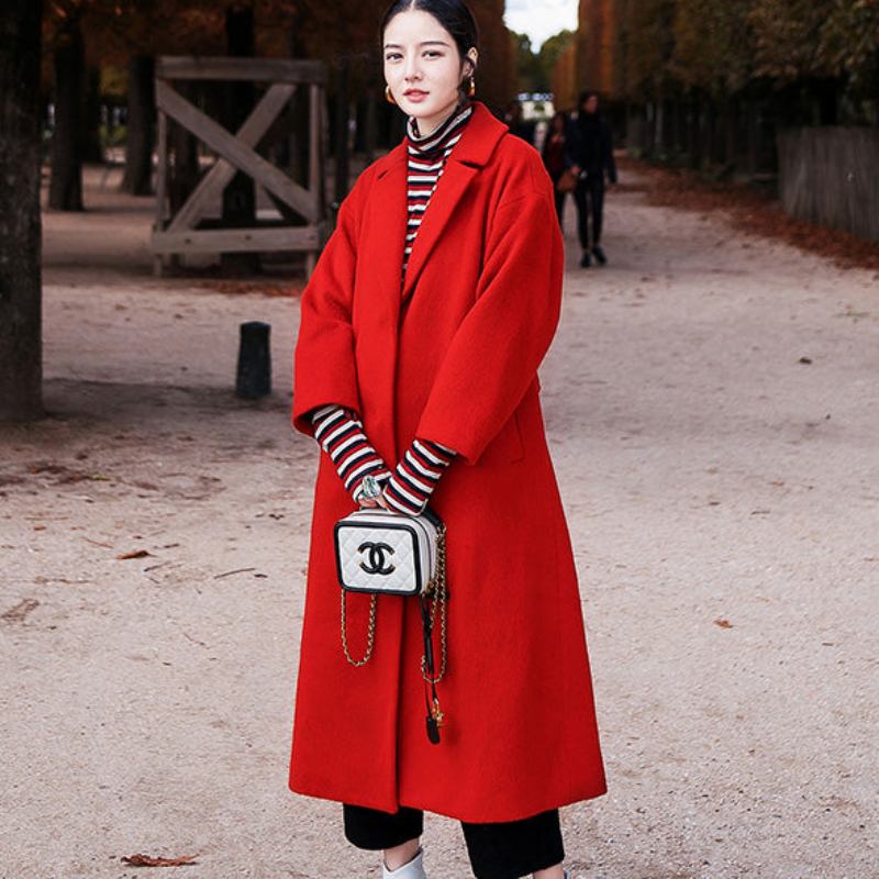 Roter Wintermantel In Übergröße Gekerbter Wollmantel Für Damen Vintage-taschen Wolljacken Mit Bindegürtel