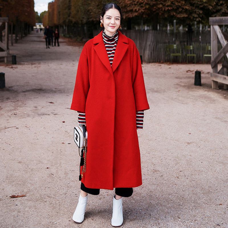 Roter Wintermantel In Übergröße Gekerbter Wollmantel Für Damen Vintage-taschen Wolljacken Mit Bindegürtel - Damen-Wollmäntel