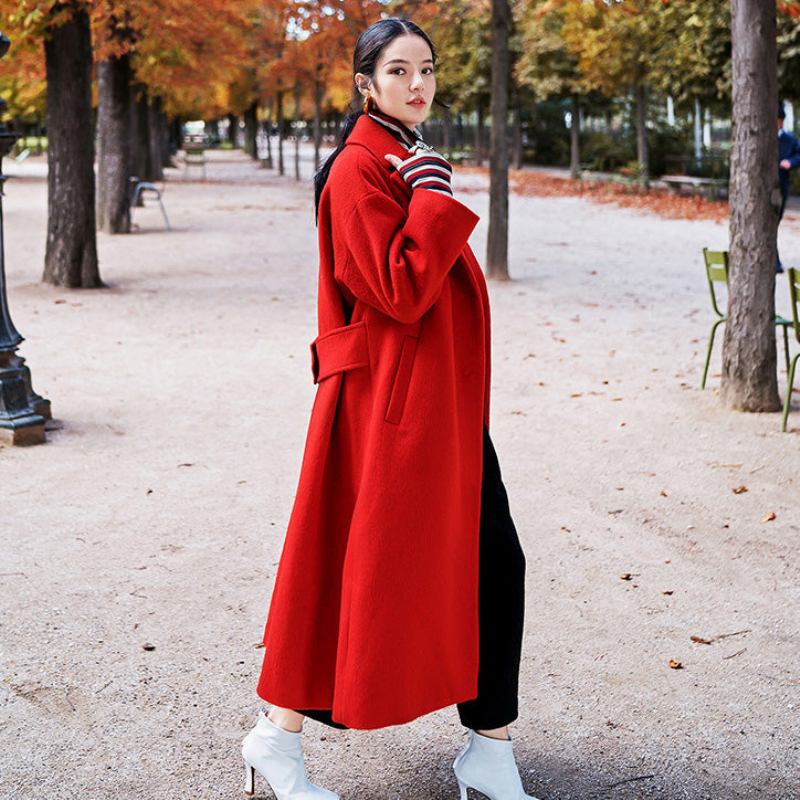 Roter Wintermantel In Übergröße Gekerbter Wollmantel Für Damen Vintage-taschen Wolljacken Mit Bindegürtel - Damen-Wollmäntel