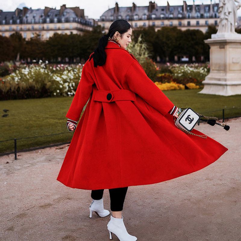 Roter Wintermantel In Übergröße Gekerbter Wollmantel Für Damen Vintage-taschen Wolljacken Mit Bindegürtel - Damen-Wollmäntel