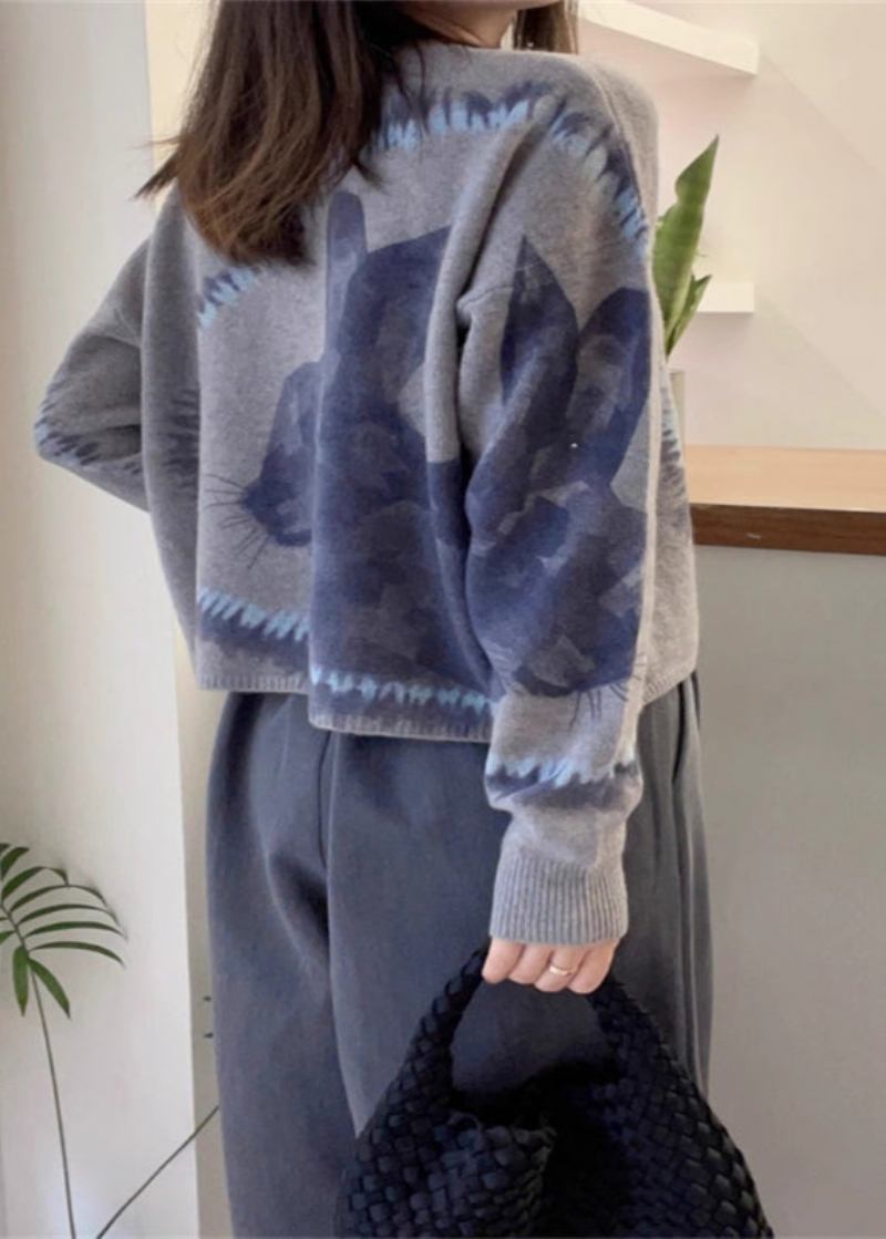 Schicke Dicke Wollpullover Mit O-ausschnitt In Grau Mit Animalprint Für Den Herbst - Damen-Wollmäntel