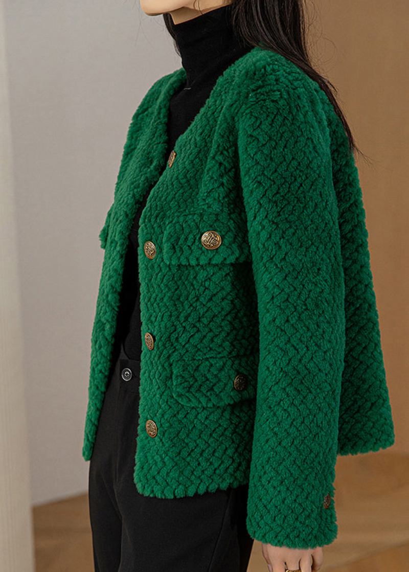 Schicke Grüne Wolljacke Mit Rundhalsausschnitt Und Knöpfen Lange Ärmel - Damen-Wollmäntel