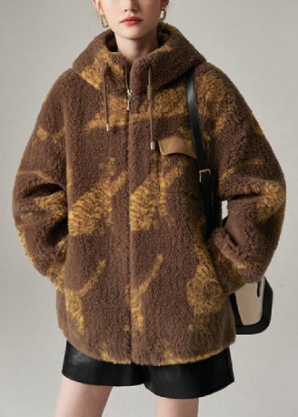 Schicke Wolljacke Mit Stehkragen Und Kordelzug In Kaffeefarbe Druck Winter