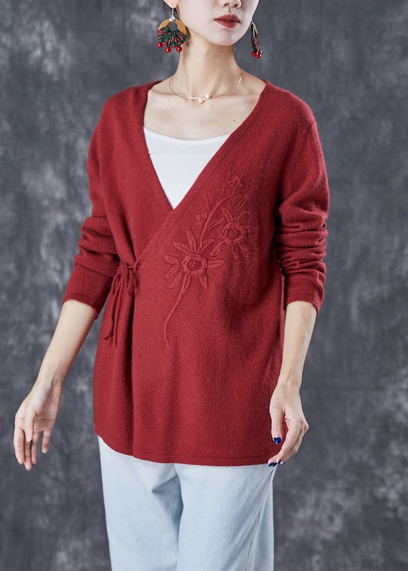 Schokoladenfarbener Wollstrickcardigan Mit Stickerei Und Taillenbund Für Den Winter - Damen-Wollmäntel