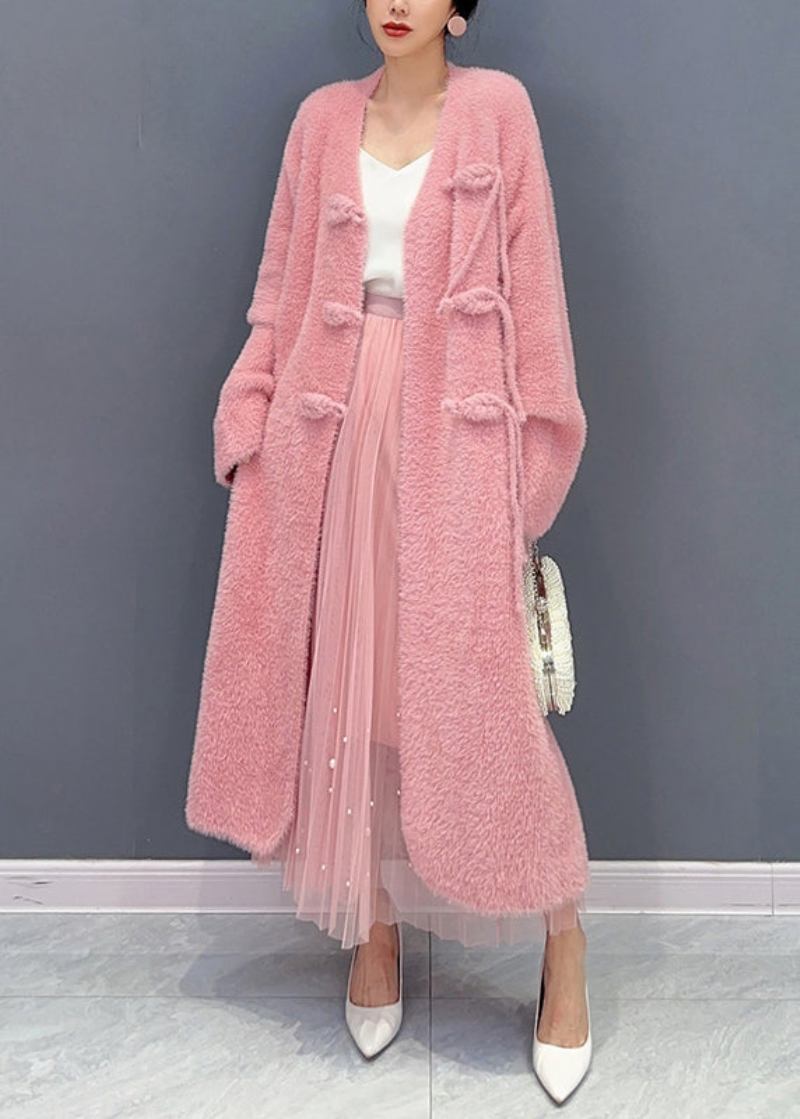 Schöner Rosa Trenchcoat Aus Wolle Mit V-ausschnitt Und Knopf Für Den Winter