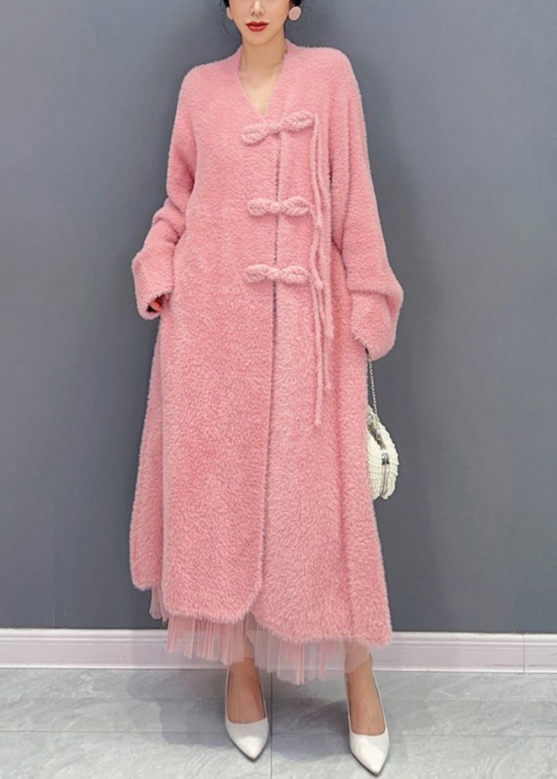 Schöner Rosa Trenchcoat Aus Wolle Mit V-ausschnitt Und Knopf Für Den Winter - Damen-Wollmäntel